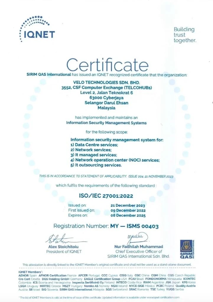Velo Technologies ISO Certificate